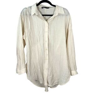 Zara Cream Open Back Ribbed Gauze Long Sleeve Oversized Button Blouse Size Small